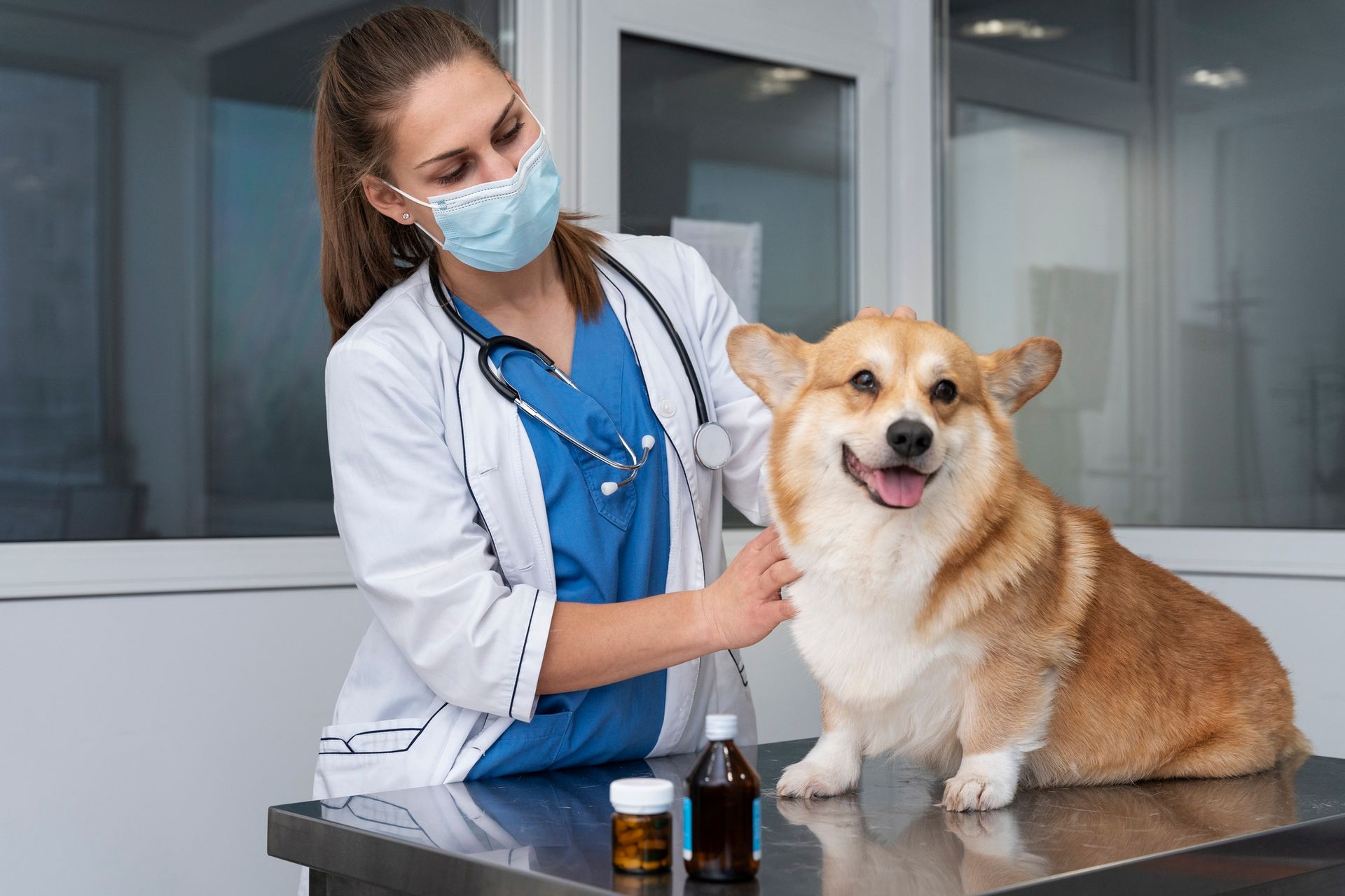a female veterinarian is examining a corgi dog on a table .