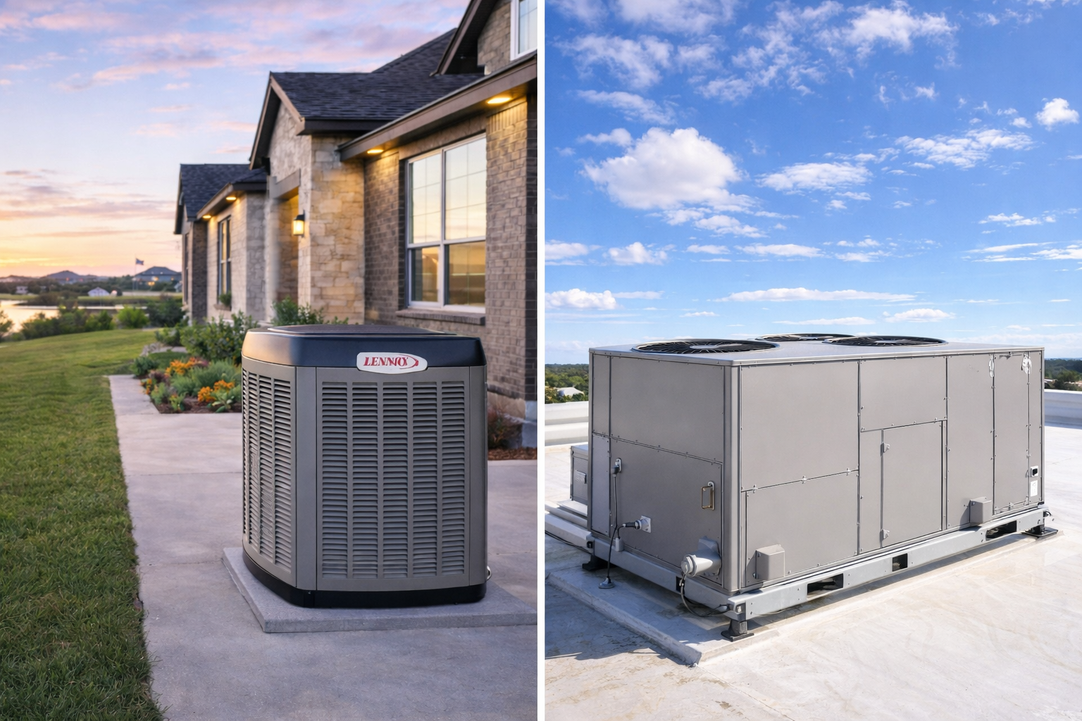 Two air conditioning units: one beside a house, one on a rooftop.