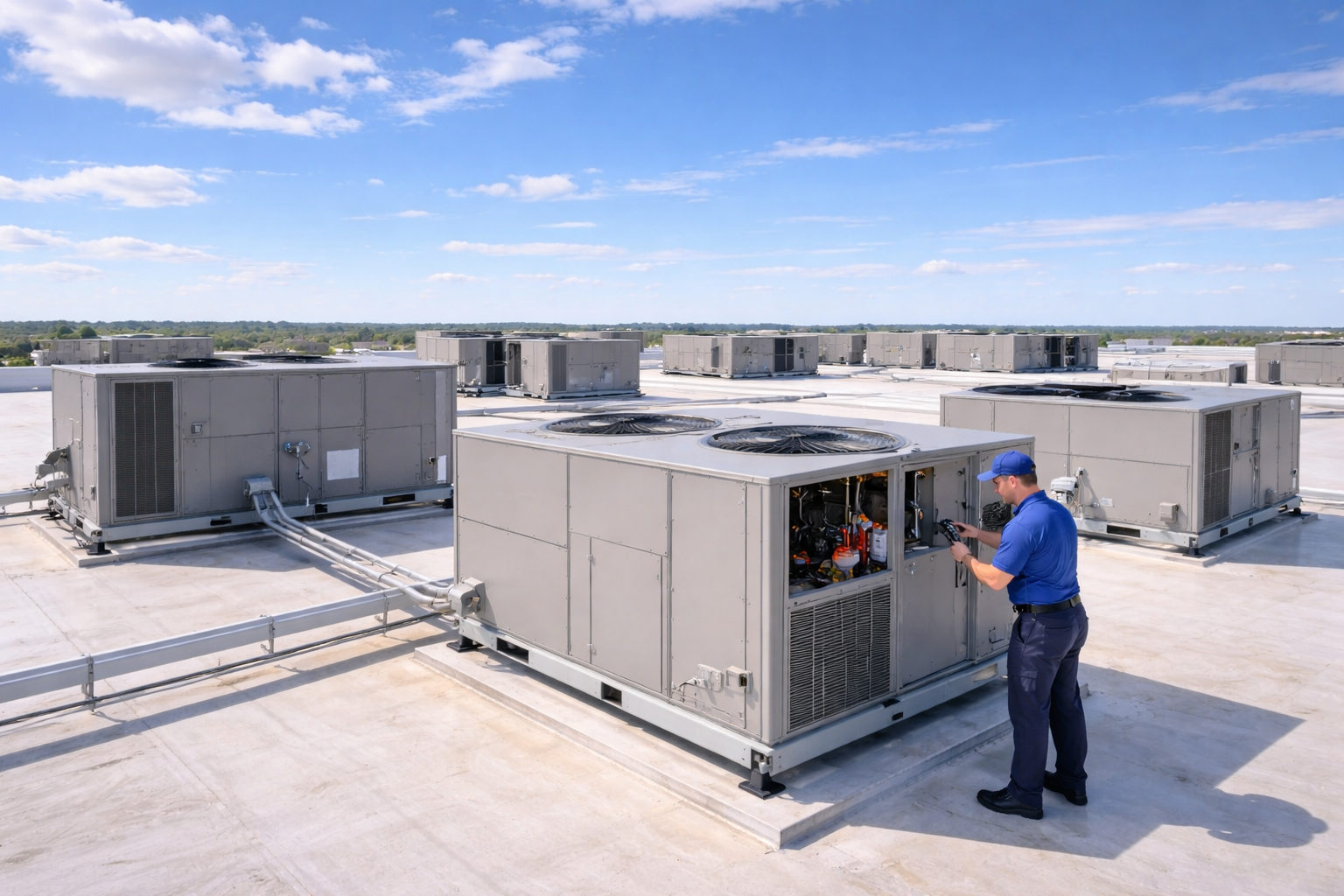 HVAC technician working on rooftop air conditioning unit under a blue sky.