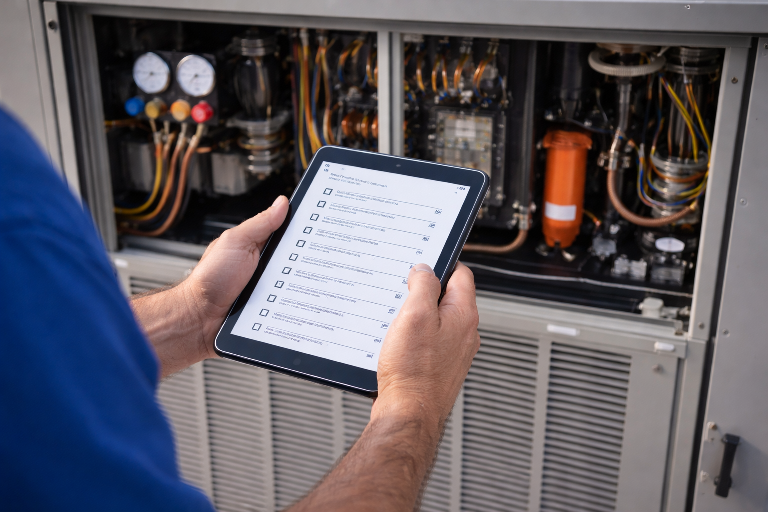 HVAC technician using a tablet to inspect equipment, with a checklist on the screen.