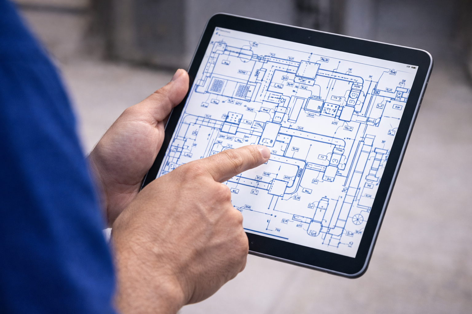 Person using a tablet to design a house with color swatches and samples on a table.