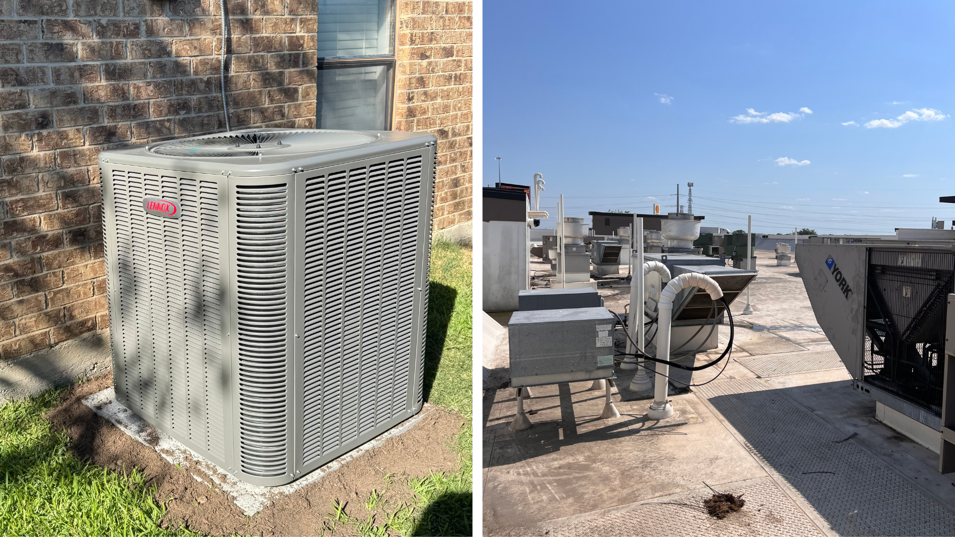 Two air conditioning units: one beside a house, one on a rooftop.