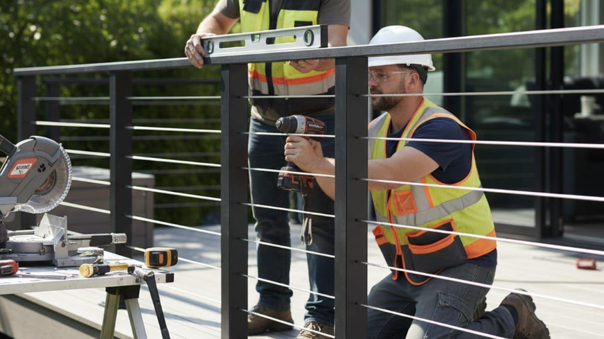 “Worker installing a black metal deck railing with tools and safety gear during a project by deck builders in Hampton, VA”