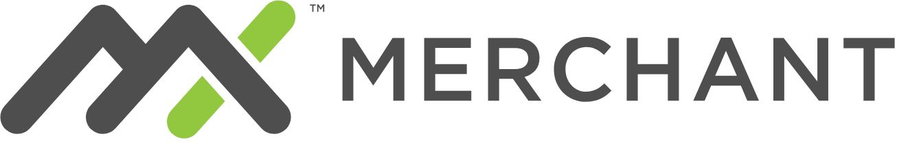 The logo for mx merchant is gray and green.