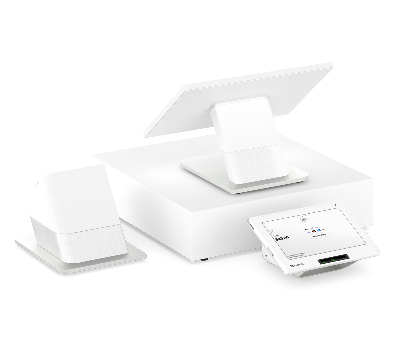 A white computer monitor is sitting on top of a white box.