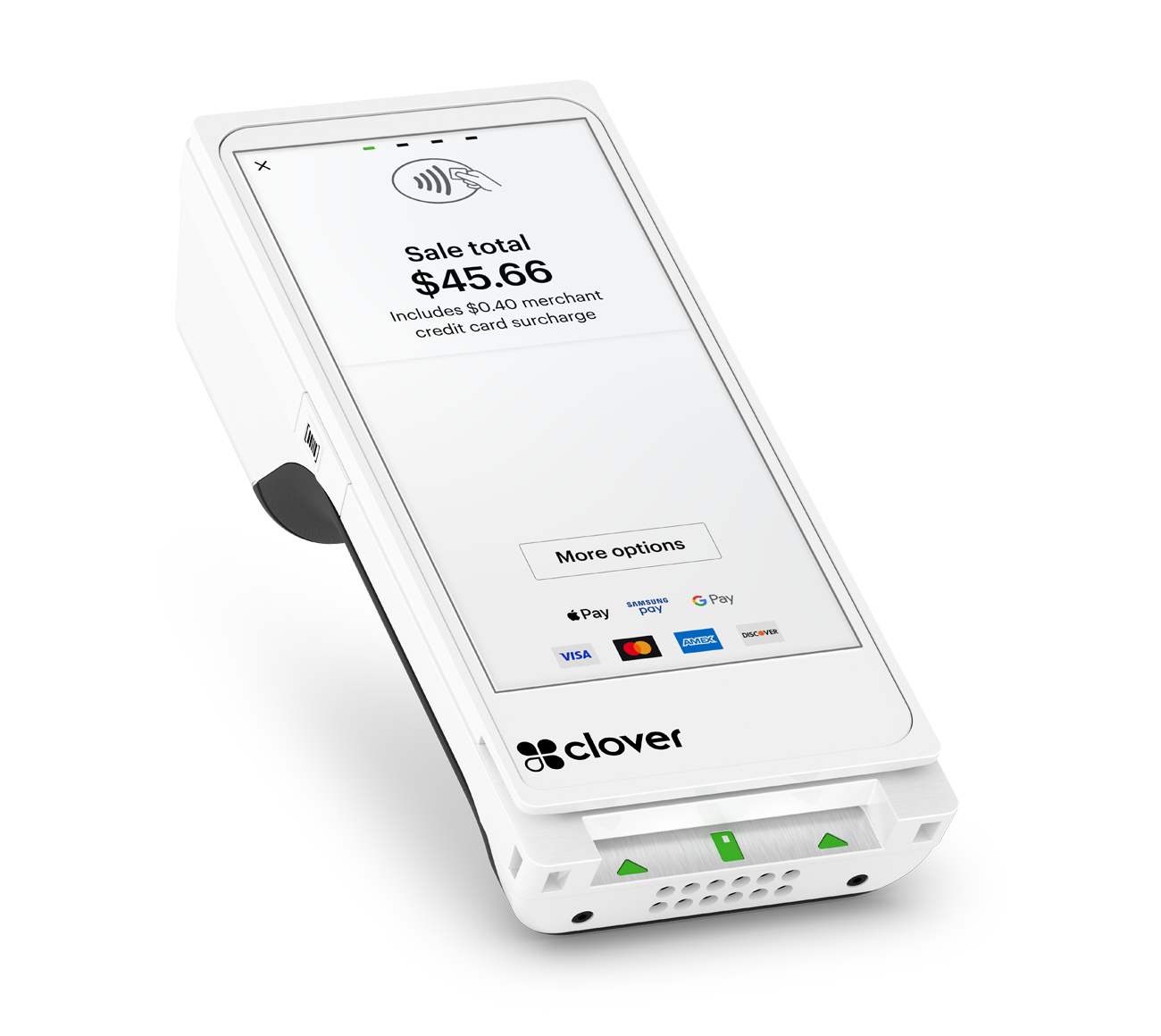 A white cell phone with a credit card reader on it.