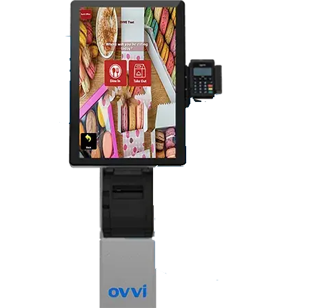 A kiosk with a large screen and a printer attached to it.