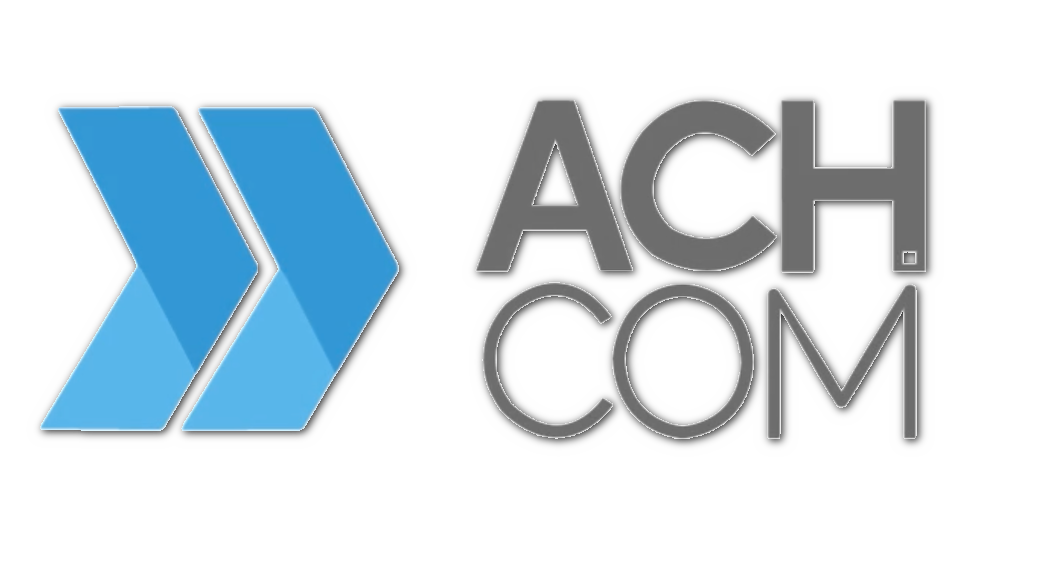 A blue and gray logo for ach com