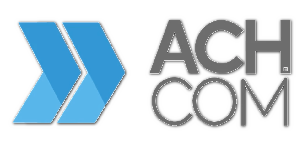 The logo for ach com has a blue arrow pointing to the right.