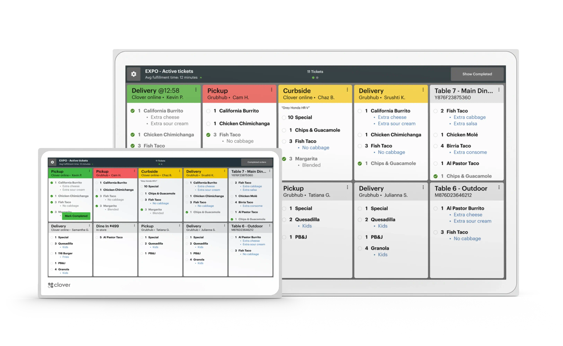 A tablet and a large screen with a bunch of boxes on it