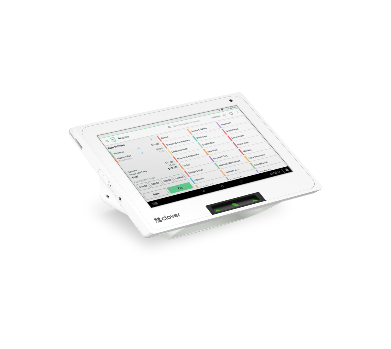 A white tablet with a graph on the screen is sitting on a white surface.