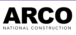The logo for arco national construction is black and purple.