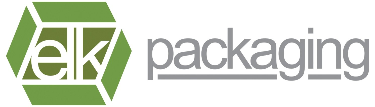 A green and white logo for ek packaging