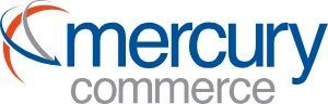 The logo for mercury commerce is blue and red.