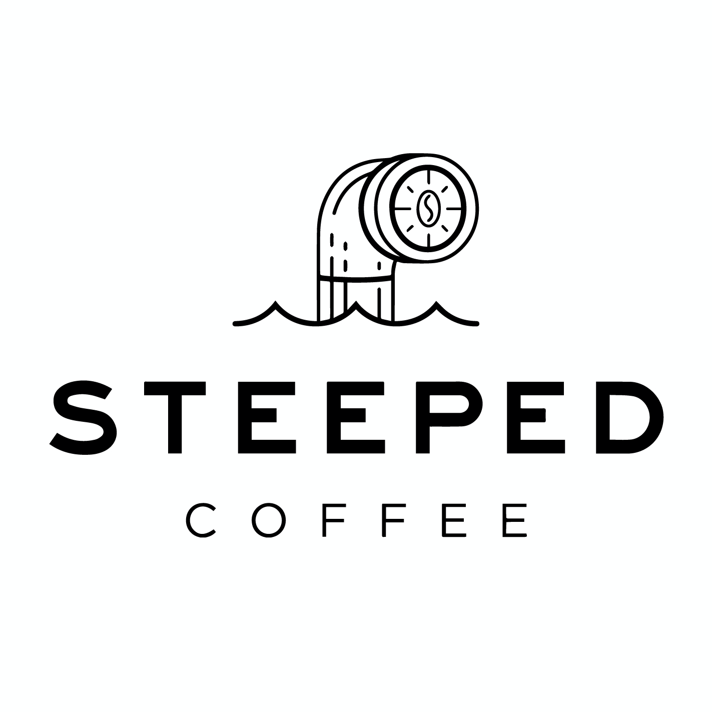 A black and white logo for steeped coffee with a compass on it.