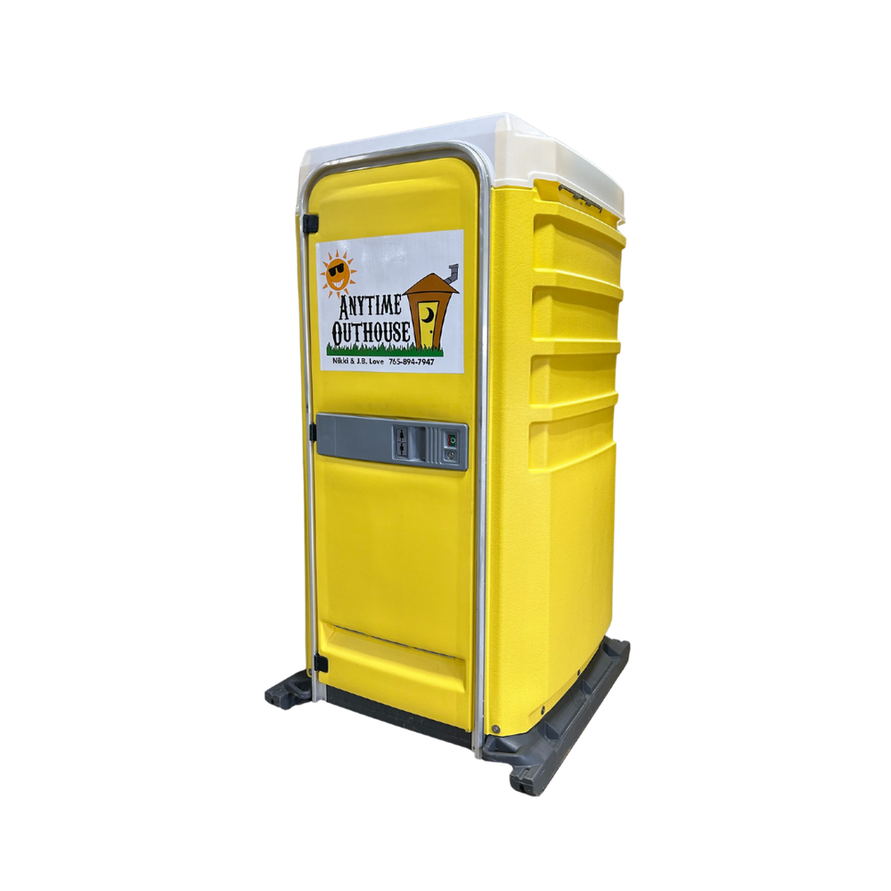 Yellow Standard Portable Toilet with Anytime Outhouse Logo