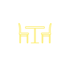 Yellow line art of a table and two chairs.