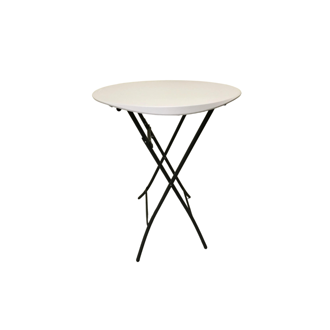 White, round folding table with black, crisscross legs.