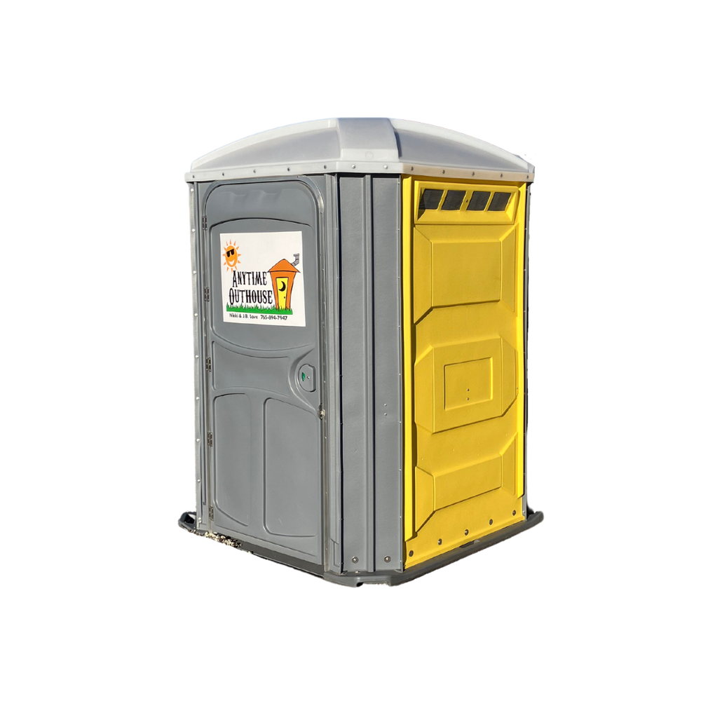 Yellow Handicap Portable Toilet with Anytime Outhouse Logo