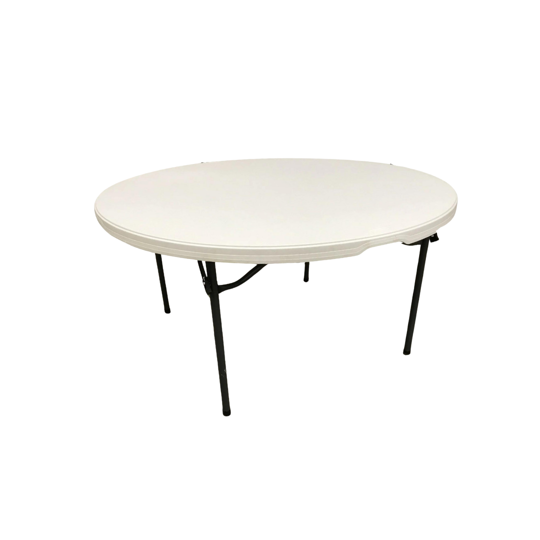 Round, white folding table with black legs.