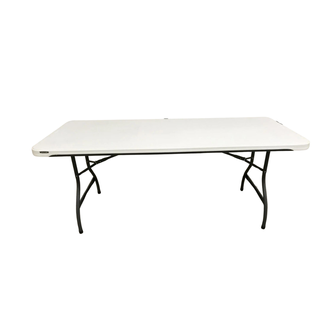 White rectangular folding table with black metal legs.