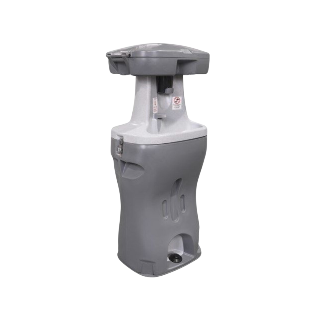 Gray and white portable handwashing station, outdoor setting, foot pump.