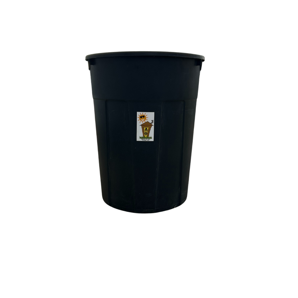 Black trash can with Anytime Outhouse logo