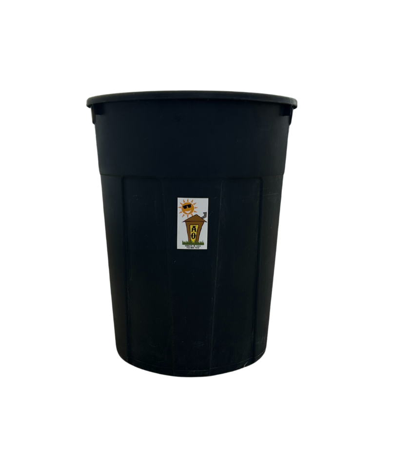 Black plastic trash can with a logo on the front.