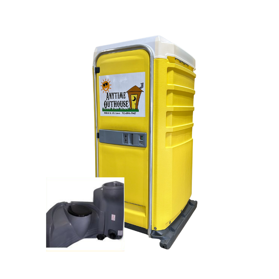 Yellow portable toilet with a detached black waste tank on a white background.