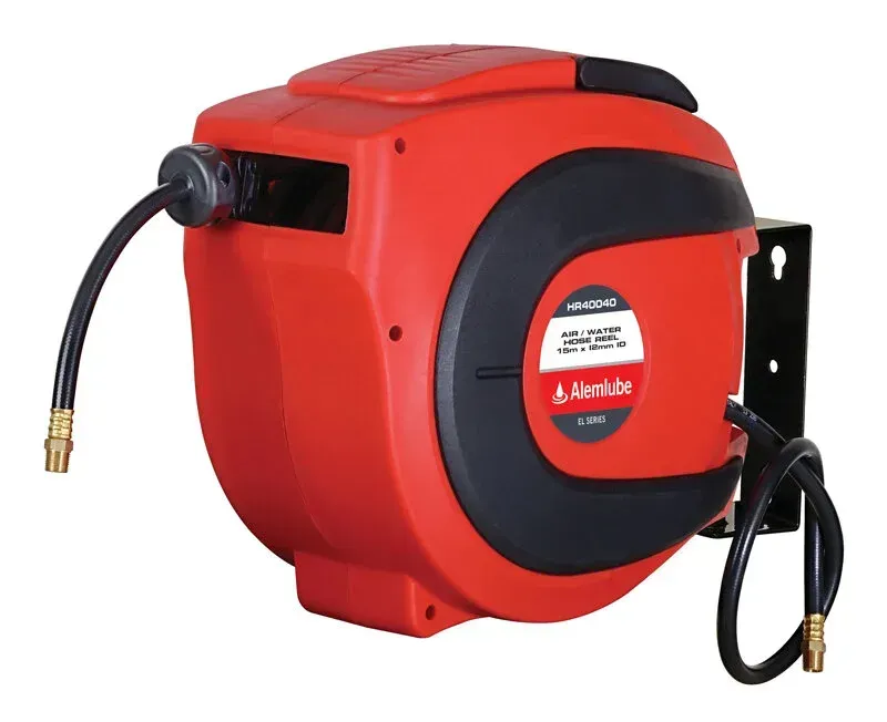 Red and Black Air Hose Reel Mounted on a Black Bracket — North Queensland Independant Fuel Services in Slade Point, QLD