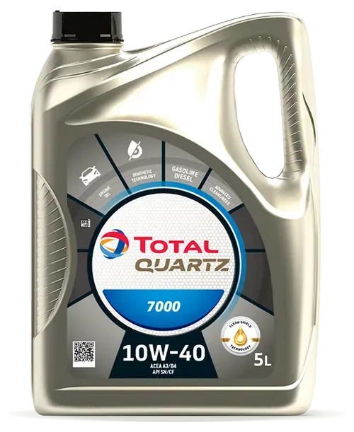 Total Quartz 7000 10W-40 motor oil in a silver 5L container, with blue and white logo.