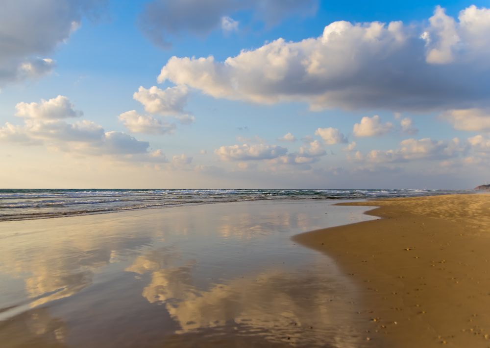 A Beach With A Blue Sky And Clouds Reflected In The Water — Creative Landscapes Coffs Harbour In Sandy Beach, NSW