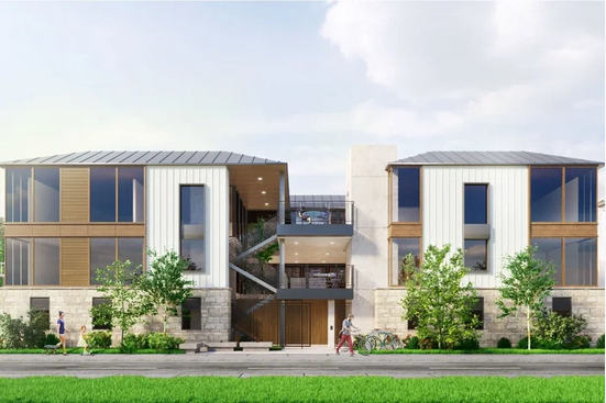 A modern, multi-story apartment complex with white siding, stone accents, and large windows, surrounded by landscaping.