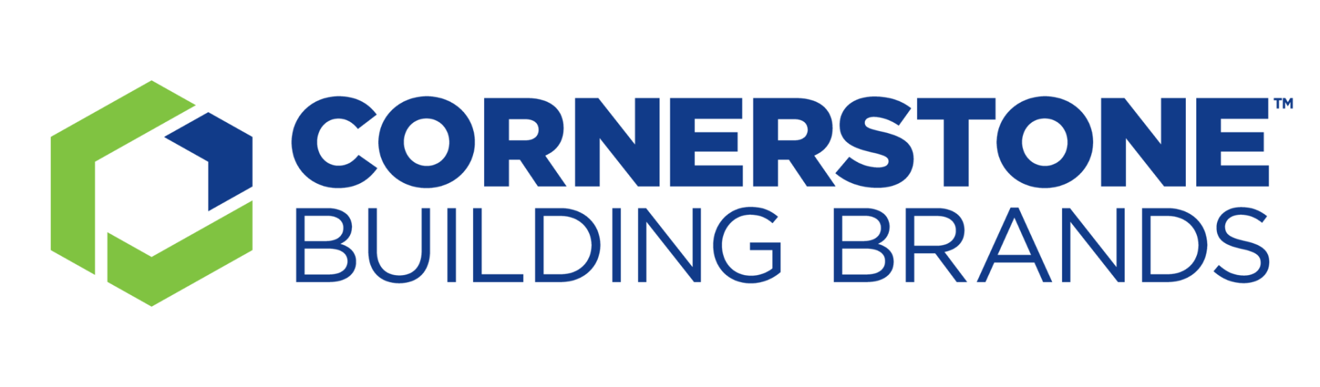 The logo for cornerstone building brands is blue and green.