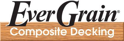 The logo for ever grain composite decking is on a wooden board.
