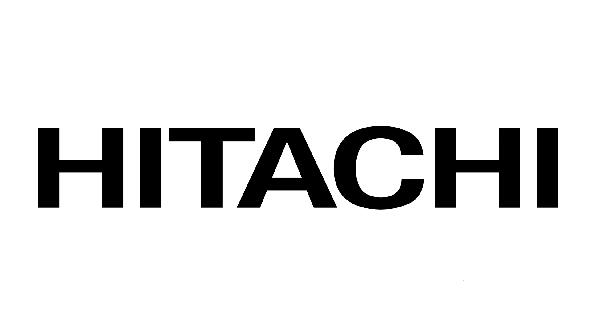 The hitachi logo is black and white on a white background.