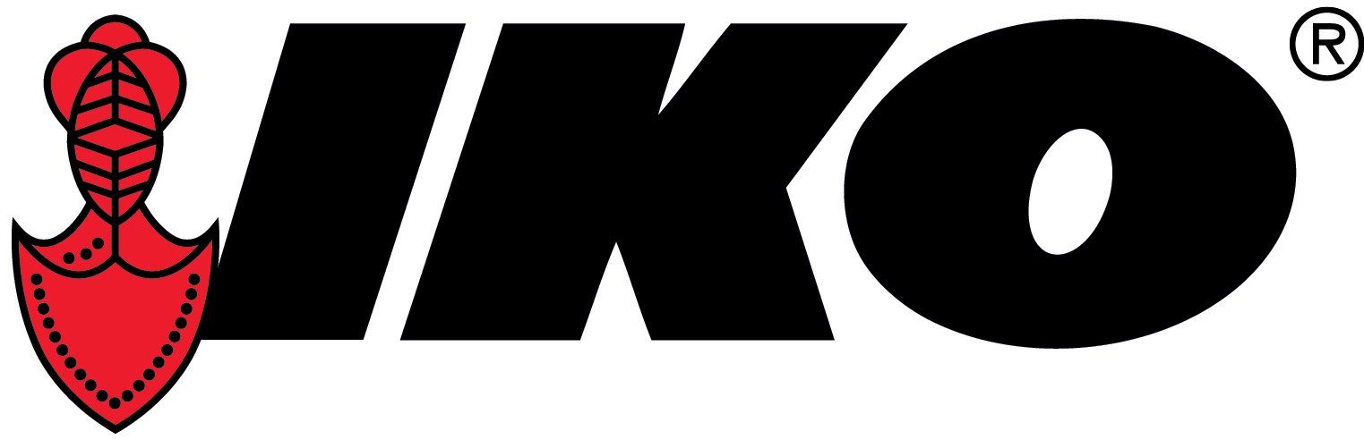 A black and red logo for iko with a red shield on a white background.