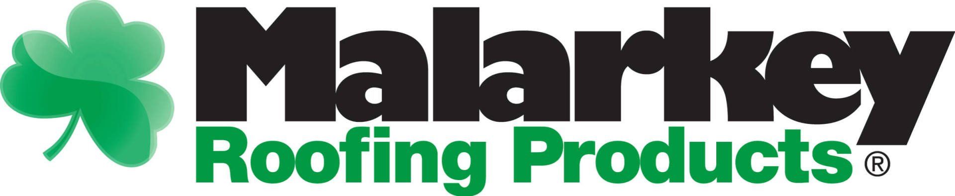The logo for malarkey roofing products has a shamrock on it