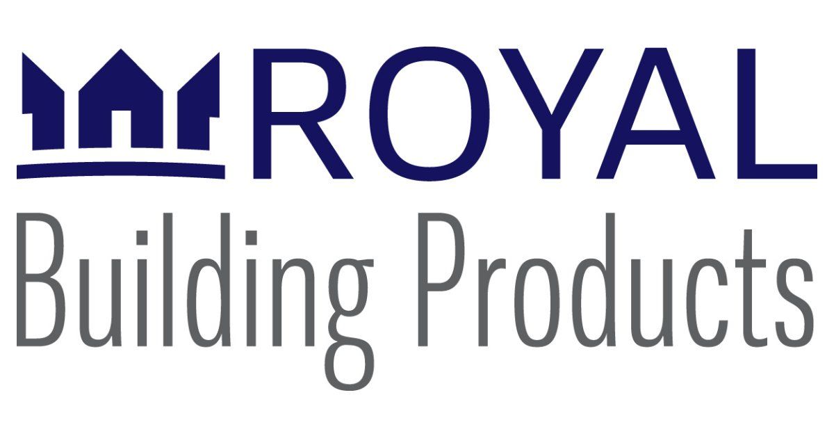 The logo for royal building products is blue and white.