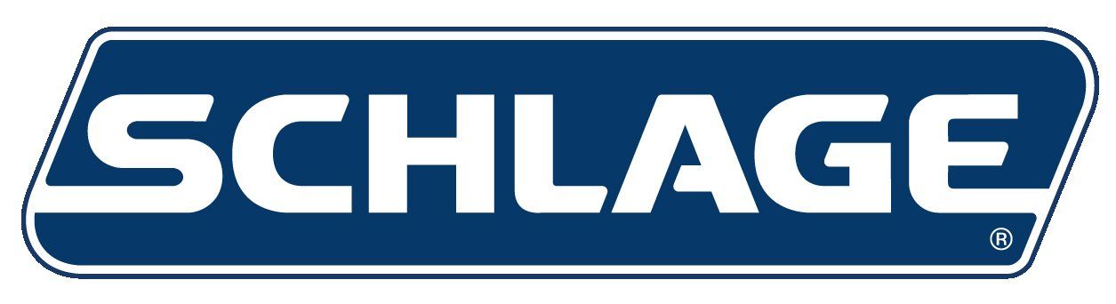 A blue and white schlage logo on a white background