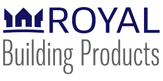 The logo for royal building products is blue and white.