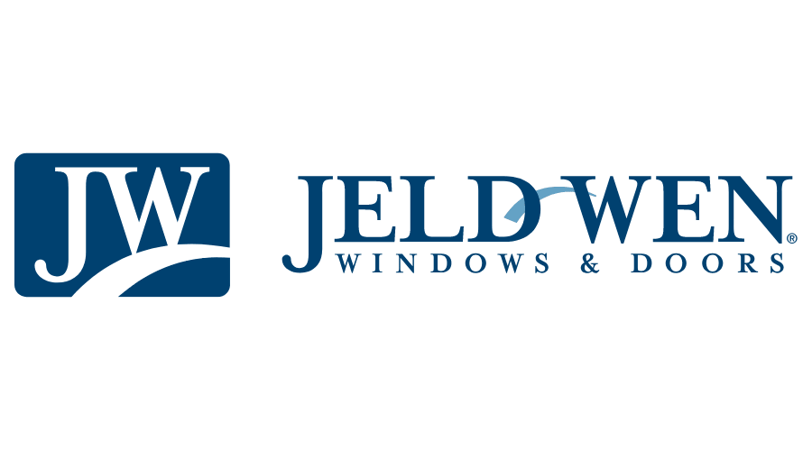 The logo for jw jeldwen windows and doors is blue and white.