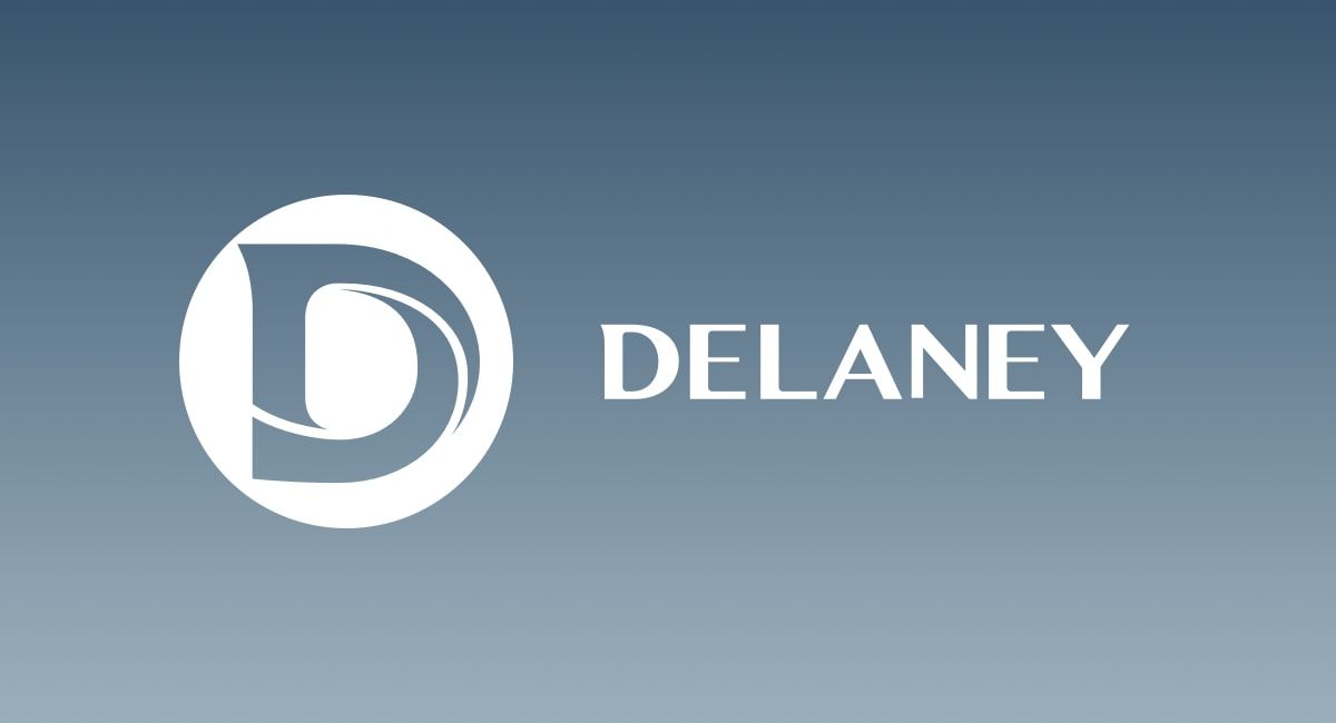 The delaney logo is on a blue background