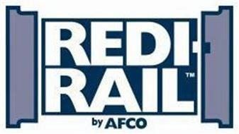 A blue and white logo for redi rail by afco