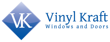 A blue and white logo for vinyl kraft windows and doors
