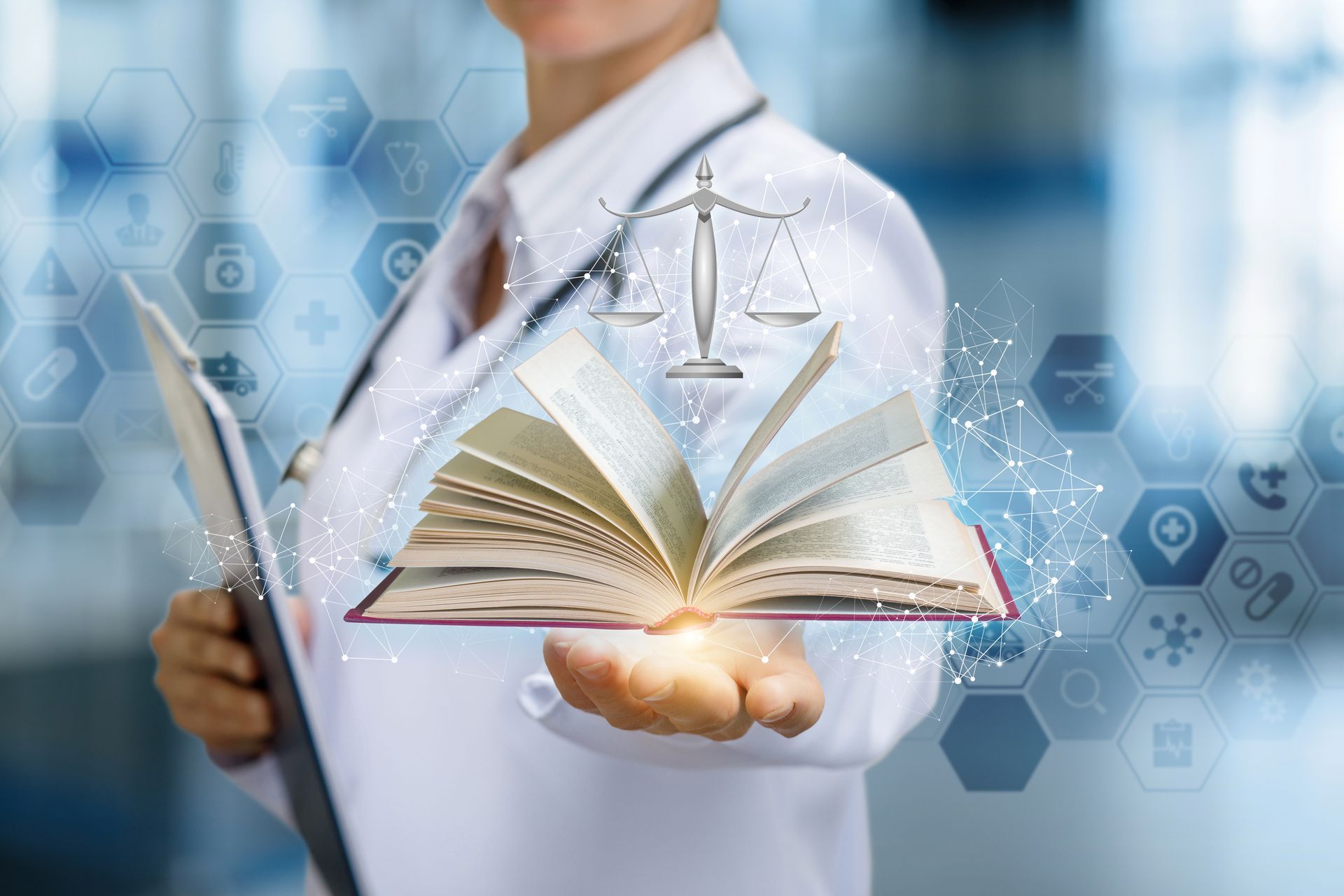 Person in white coat holding a book and clip-board.