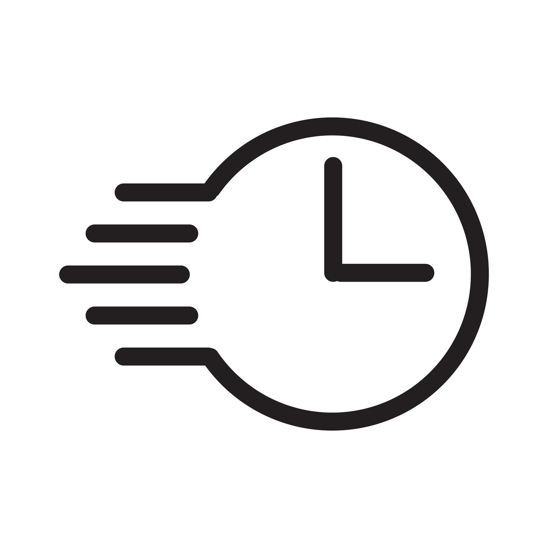 A black and white icon of a clock with three lines around it.