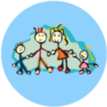 A cartoon of a family holding hands on a blue background