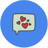 A speech bubble with hearts inside of it on a blue background.