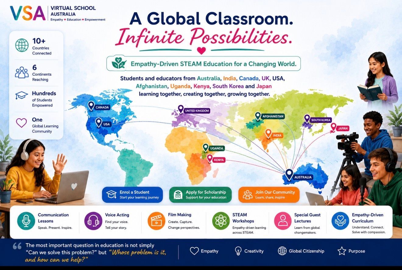 World map classroom ad with students, colorful lesson icons, and the text โA Global Classroom. Infinite Possibilities.โ